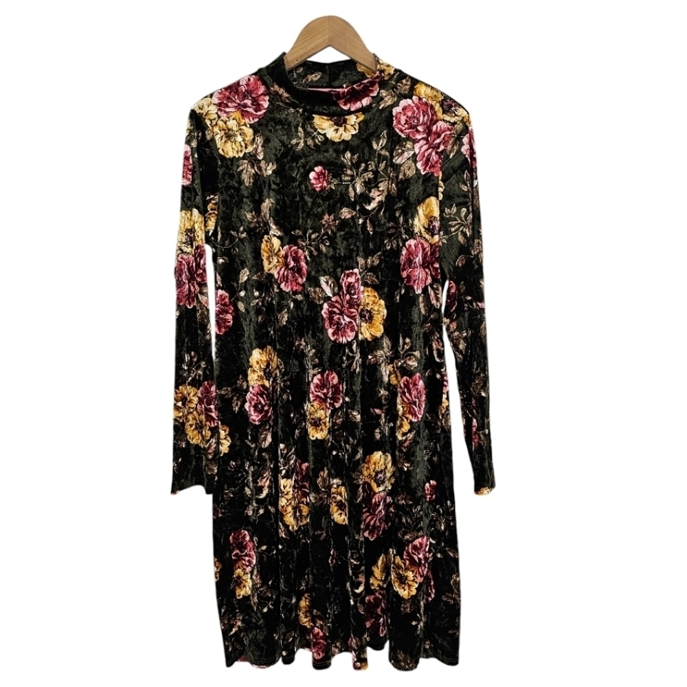 Paolino Floral Crushed Velvet Shift Dress Sz Large Green Fall Fashion Whimsigoth